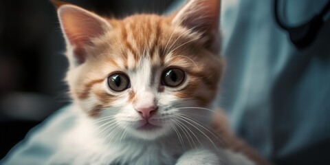 portrait of a cute red kitten in stripes in the hands of a veterinarian. close-up. Ai generated 