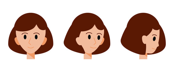Head of a brown-haired girl. Front and side view. Avatar of a smiling young woman with a short haircut. The face of a cute character. Portrait of a human. Flat style. Vector illustration.
