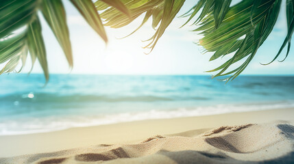 Fototapeta na wymiar Praia de areia tropical desfocada com onda de água turva e folhas de palmeira verdes frescas em forground, conceito de fundo de natureza bonita com espaço de cópia para férias de relaxamento de viagen