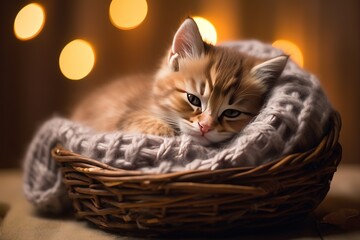 cute sleepy kitten in a cozy basket, twinkling fairy lights background