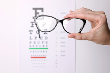 vision correction glasses in hand against the background of a vision test table with space for text