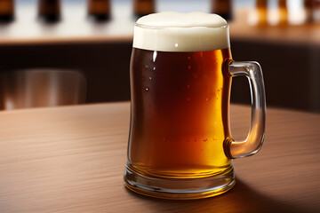 illustration of beer mug on table in warm colors, generative ai