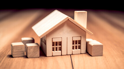 Obraz na płótnie Canvas Real estate concept. Wooden house model. Generative Ai technology.