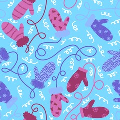 Winter gloves seamless Christmas mittens with snowflakes pattern for wrapping paper and fabrics and linens