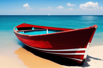 Naklejka premium Scarlet Voyager: Enchanting Illustration of a Red Wooden Fisher Boat on the Coastal Shores