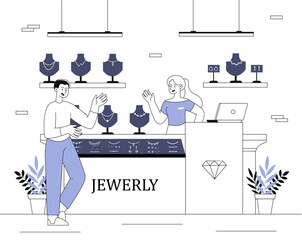 People in jewelry shop line concept