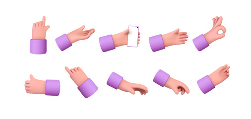 Hands set of realistic 3d design in cartoon style. Hand shows different gestures signs. Vector illustration