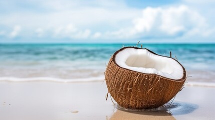 Coconut on the beach, beach background. Created with Generative Ai technology.