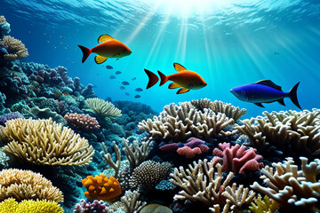 Underwater coral reef landscape with colorful fish.