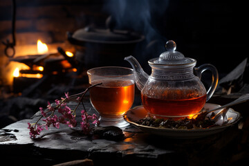 Tea. A beverage obtained by brewing, boiling, or infusing prepared tea leaves. is the dry leaves of the tea bush used to brew this drink. Lemon, cinnamon, spoon, cup of tea. Generative AI
