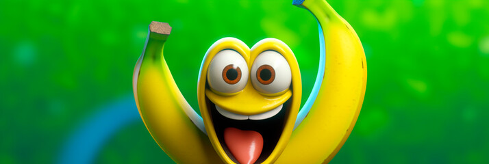 Banner with banana on green summer background. Generative AI. Cute cartoon character tropical fruit with eyes. Banana Day. Adorable header children's menu, website, advert, blog, recipe, placard