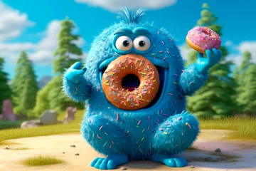 Fotobehang Eating donuts. Generative AI. Funny blue monster eats delicious donuts with sprinkles. National Donut Day or Fat Thursday. Sweet picnic snack. Image for kids menu, coffee shop, fast food.  © Yuliia