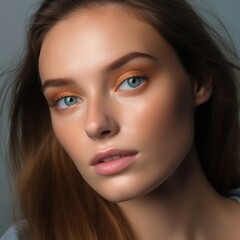 Fototapeta premium Portrait of a beautiful young woman with brown hair and blue eyes. Close up portrait of attractive young adult girl with professional make-up. Stunning fashion model looking to the camera
