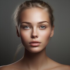 Fototapeta premium Portrait of beautiful blonde young woman with clean fresh skin, on grey background. Closeup beautiful face of a attractive adult girl with healthy skin. Pretty young woman with blond shot hair