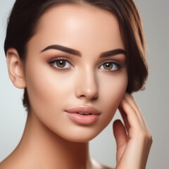 Fototapeta premium Portrait of beautiful brunette young woman with clean fresh skin, on grey background. Closeup beautiful face of a attractive adult girl with healthy skin. Pretty young woman with brown shot hair