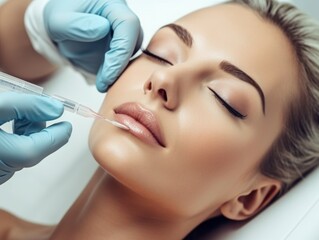 Beautiful young woman getting botox injection in her face at beauty salon.  Cosmetology. Young adult woman getting beauty injections in the face.