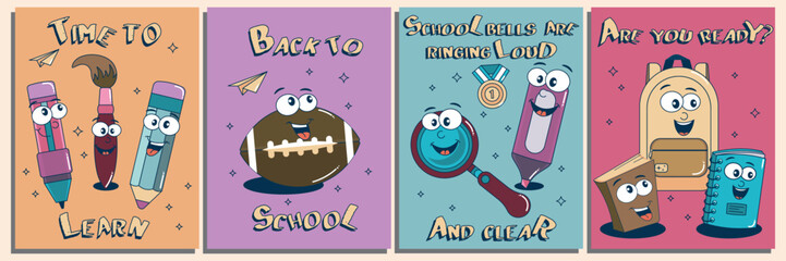 A set of vector posters Back to School with cartoon funny characters of school subjects. An illustration with an inscription for printing on a T-shirt. Modern vector illustration.