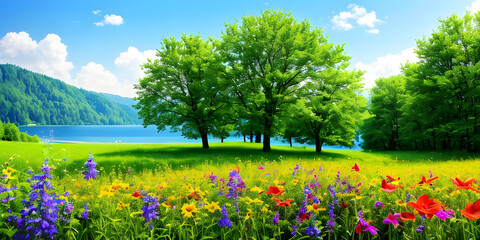 Idyllic nature summer landscape assorted colorful flowers with green foliage of trees. 3D Illustration. Fantasy Art. Digital Art