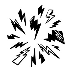 set of hand drawn vector doodle electric lightning bolt symbol sketch illustrations. thunder, vector ilustration