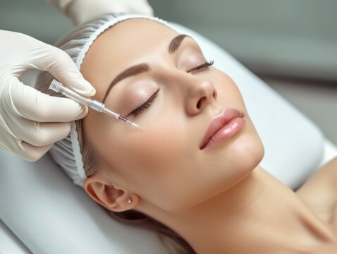 Beautiful young woman getting botox injection in her face at beauty salon.  Cosmetology. Young adult woman getting beauty injections in the face.