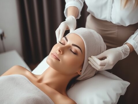 Beautiful young woman with closed eyes getting facial massage in spa salon. Beautiful young woman getting facial procedure in with her face at beauty salon.  Cosmetology.