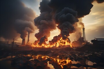 Burning industrial building at night with heavy smoke and smog