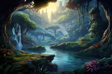 Illustration of a captivating fantasy forest, brimming with enchantment and wonder. Immerse yourself in its magical allure. AI Generated. - obrazy, fototapety, plakaty