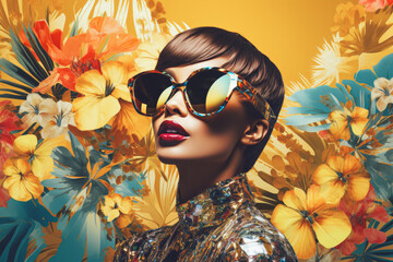 Beautiful girl with colorful sunglasses in the style of retro summer travel posters from the 80s. Vacation in a tropical paradise concept. Generative AI.