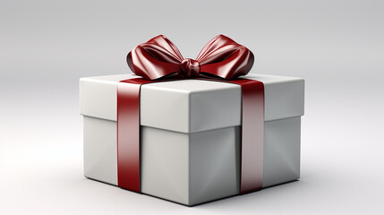 Abra a caixa de presente branca ou caixa de presente com fitas vermelhas e arco isolado no fundo cinza branco com renderização 3D conceitual mínimo de sombra