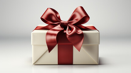 Obraz premium Abra a caixa de presente branca ou caixa de presente com fitas vermelhas e arco isolado no fundo cinza branco com renderização 3D conceitual mínimo de sombra