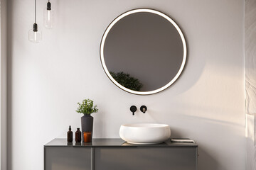 Naklejka na ściany i meble Chic bathroom setup with soap dispensers, towels, plant, black-framed mirror