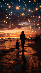 Fototapeta na wymiar Silhueta de pessoas assistindo fogos de artifício na praia, Dia da Independência, bokeh