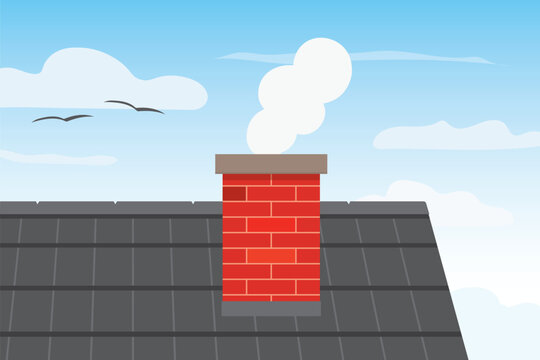 chimney smoke and roof; house heating, air pollution, carbon dioxide concept- vector illustration