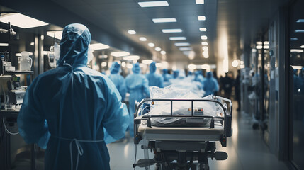 A equipe de emergência do hospital leva o paciente na maca para a sala de cirurgia. Corredor na clínica médica com médicos trabalhando, efeito de desfoque de movimento, visão traseira