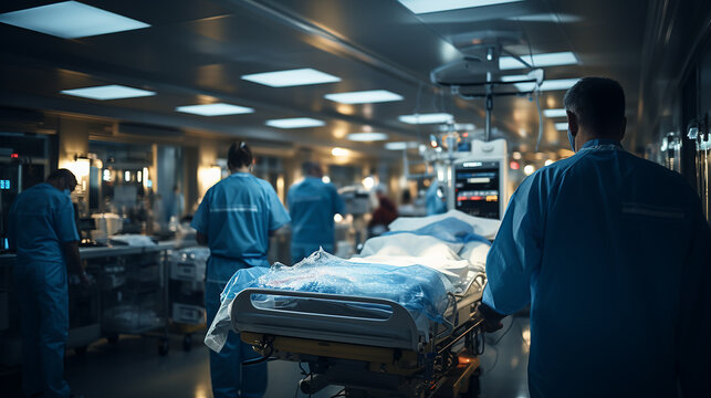 A equipe de emergência do hospital leva o paciente na maca para a sala de cirurgia. Corredor na clínica médica com médicos trabalhando, efeito de desfoque de movimento, visão traseira