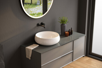 Fototapeta na wymiar Chic bathroom setup with soap dispensers, towels, plant, black-framed mirror