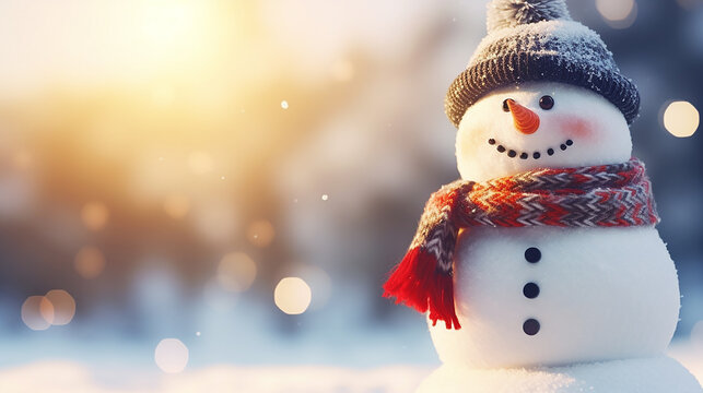 Banner de fundo de natal de f&eacute;rias de inverno - Closeup de boneco de neve engra&ccedil;ado e engra&ccedil;ado com chap&eacute;u de l&atilde; e cachecol, na paisagem de neve de neve com luzes de bokeh, iluminadas pelo sol