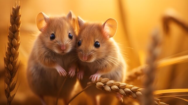 Abstract wheat field with a cute pare of mice hugging each other. Love and friendship concept. Sunset light. Golden color background. Generative AI