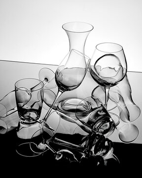 glass, drink, wine, bottle, white, alcohol, empty, liquid, table, beaker, glasses, water, glassware, mirror, 