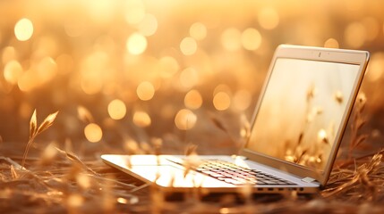 laptop in a wheat field with bokeh. Warm bright summer day. Sunset light. Golden color rich background. Generative AI