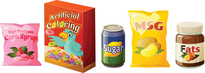 Cute vector illustration of various junk food snacks, candy and beverage.