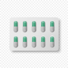 Vector Realistic Pharmaceutical Medical White and Green Pills, Vitamins, Capsule in Blister Closeup Isolated. Pills in Blister Packaging Design Template. Front, Top View. Medicine, Health Concept