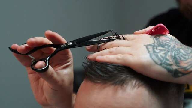 A barber man with a tattoo on his arm makes a haircut to a brunette guy in a barbershop, cuts his hair with scissors close-up