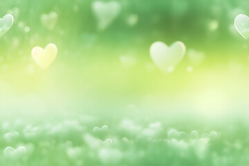 Fototapeta na wymiar green blurred background with bokeh hearts, generative ai