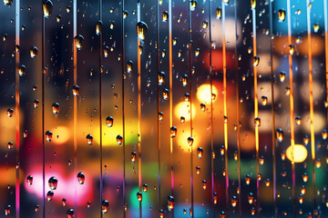 raindrops on glass evening bokeh city lights, generative ai