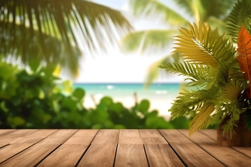 Fototapeta premium wooden table, exotic palm leaves with blurred beach on background, space for text for advertisement of resorts, rest and relaxation, generative ai