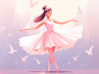 Cute and beautiful young ballerina in tutu dress, cartoon illustration style - obrazy, fototapety, plakaty