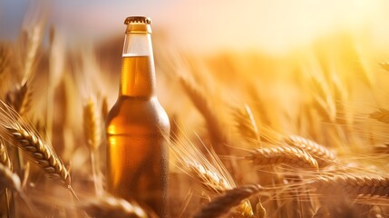 A bottle of traditional homemade beer in a golden wheat field. Warm bright summer day. Sunset light. Golden color background. Generative AI