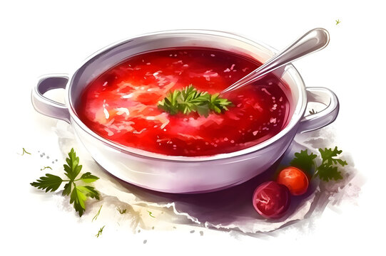 watercolor drawing of Ukrainian beet borscht, generative ai