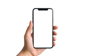 modern smartphone with transparent screen in left hand on transparent background, smartphone in hand, png mockup for any background and any image on the screen, generative ai - obrazy, fototapety, plakaty
